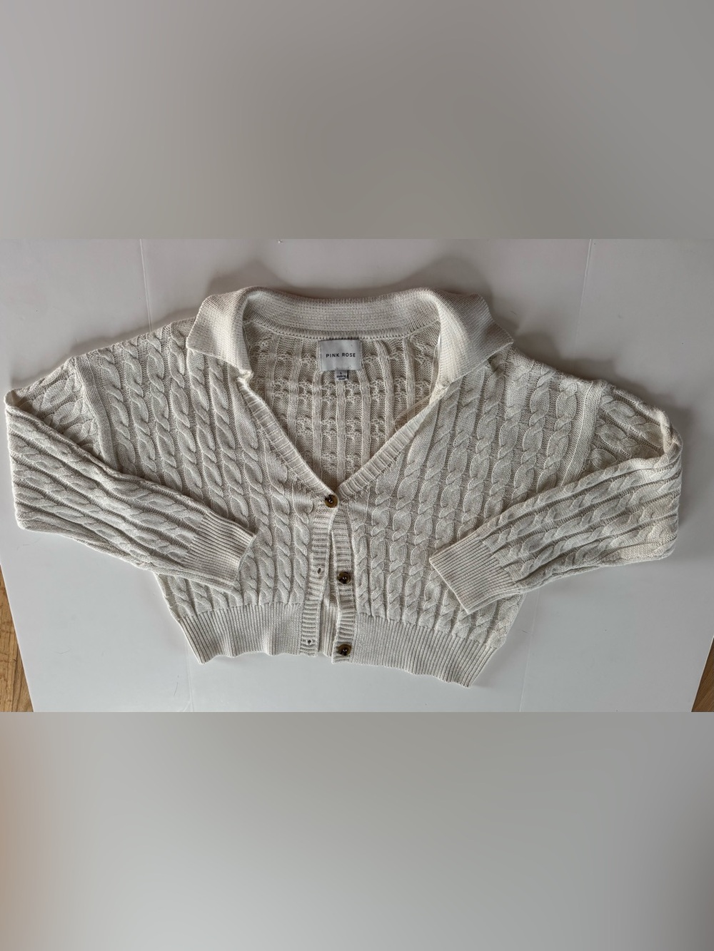 Cream Cable Knit Collared Button-Up Women’s Sweater Cardigan - Picture 3 of 12